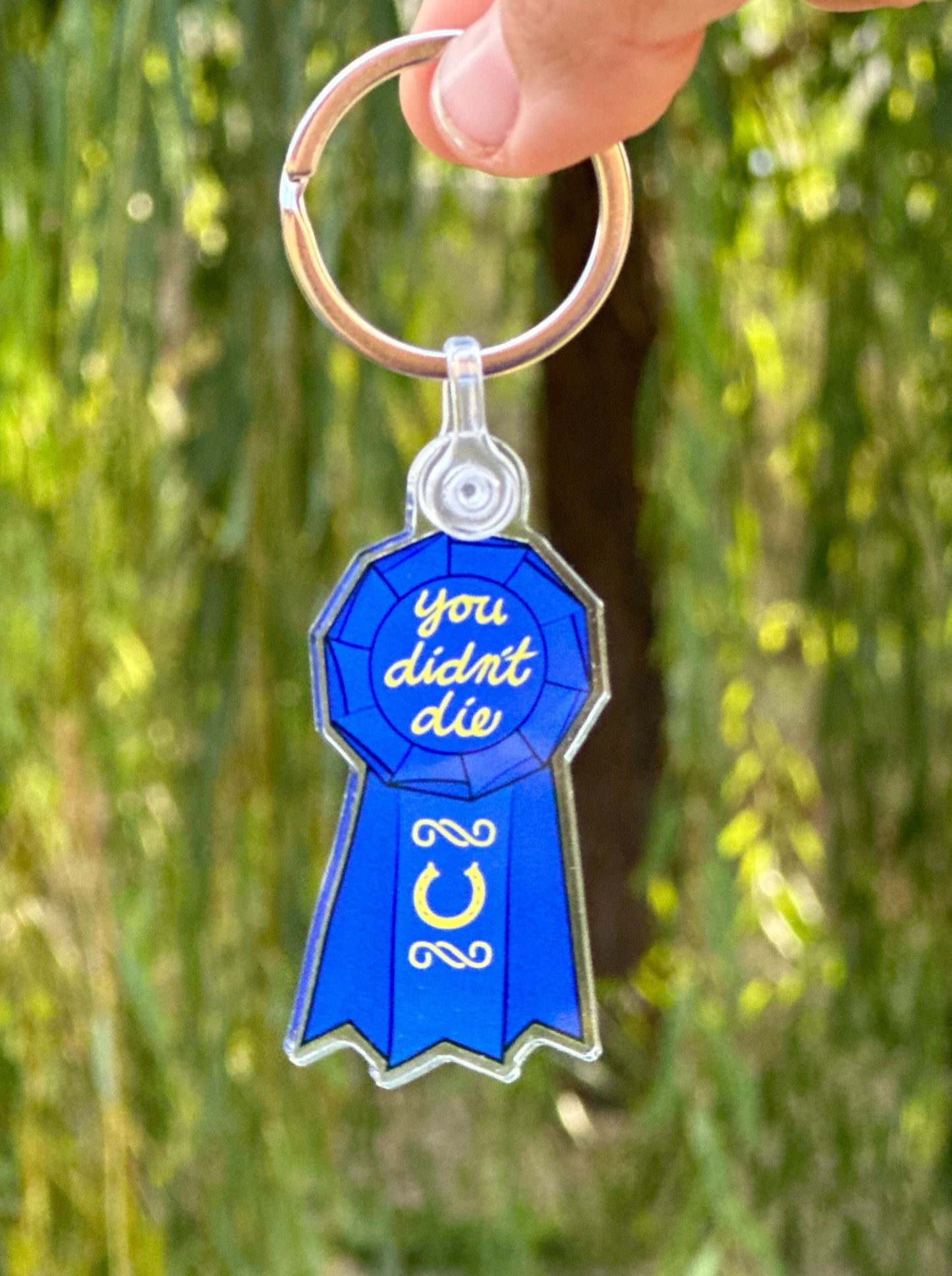blue horse show ribbon keychain with words "you didn't die" written at top and a horseshoe at the bottom