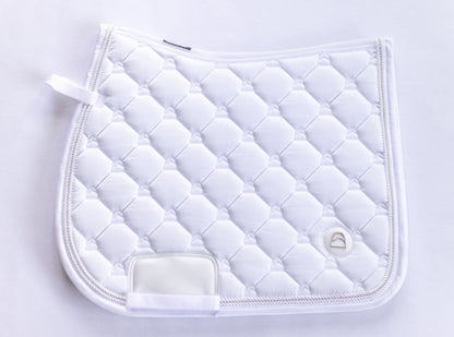 white jumping saddle pad with breathable mesh spine and girth rub protector