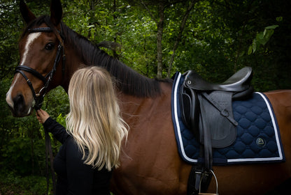 bay horse with navy saddle pad and black saddle. Horse held by girl in front of trees