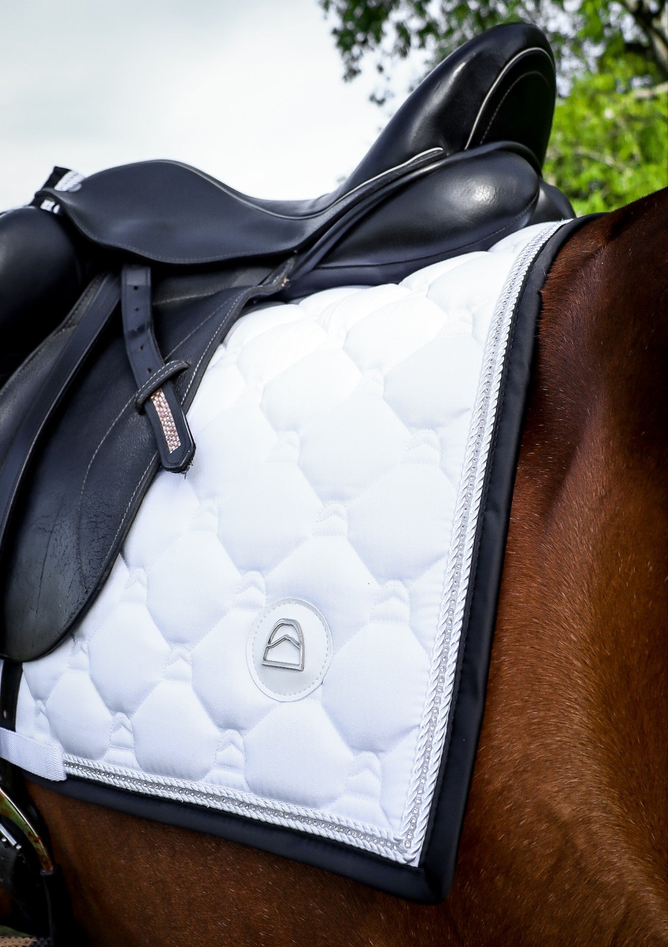 white high point dressage saddle pad with black satin edge and crystal trim on a bay horse with a black dressage saddle