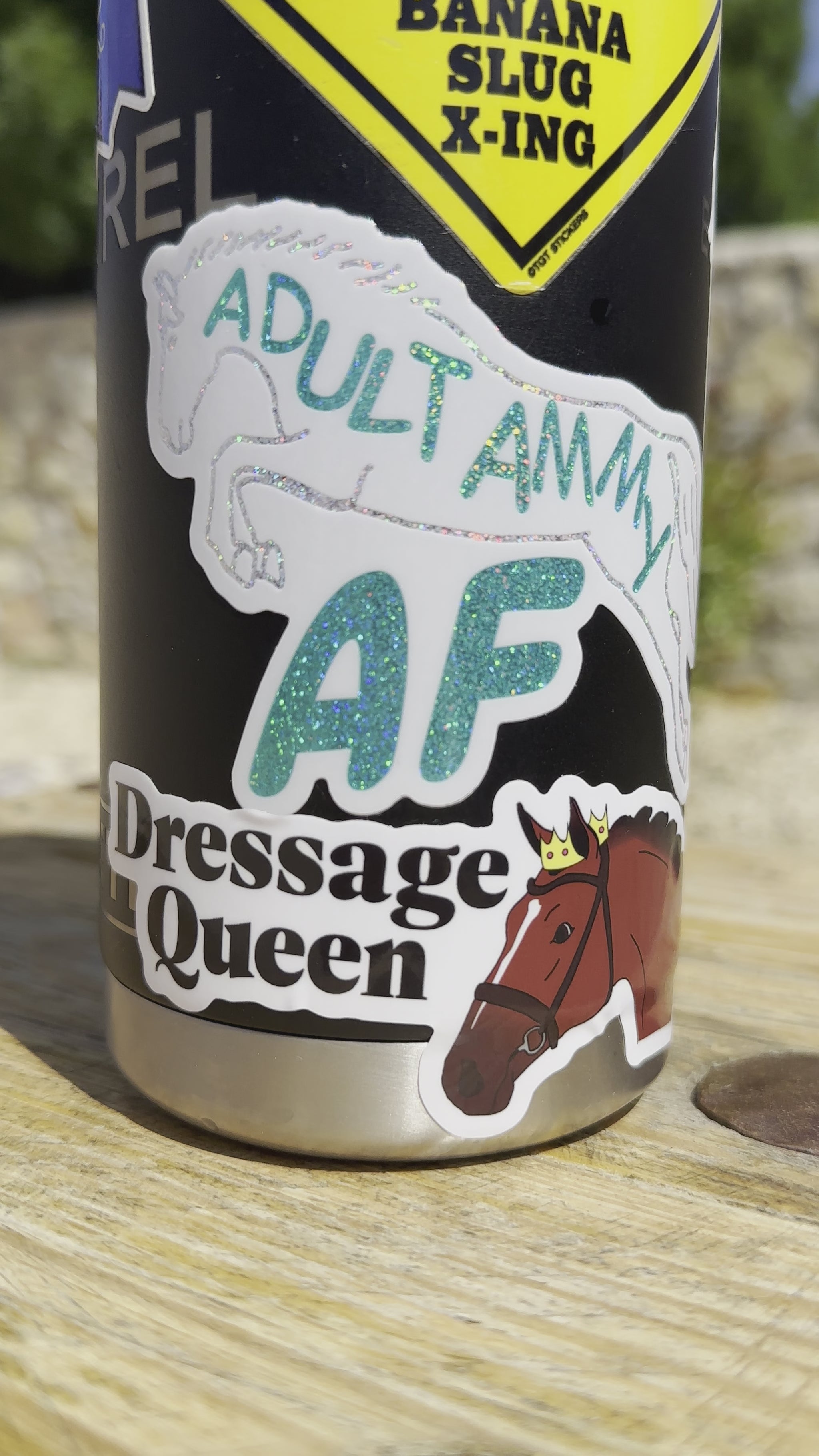 Video of Adult Ammy AF and Dressage Queen stickers on water bottle
